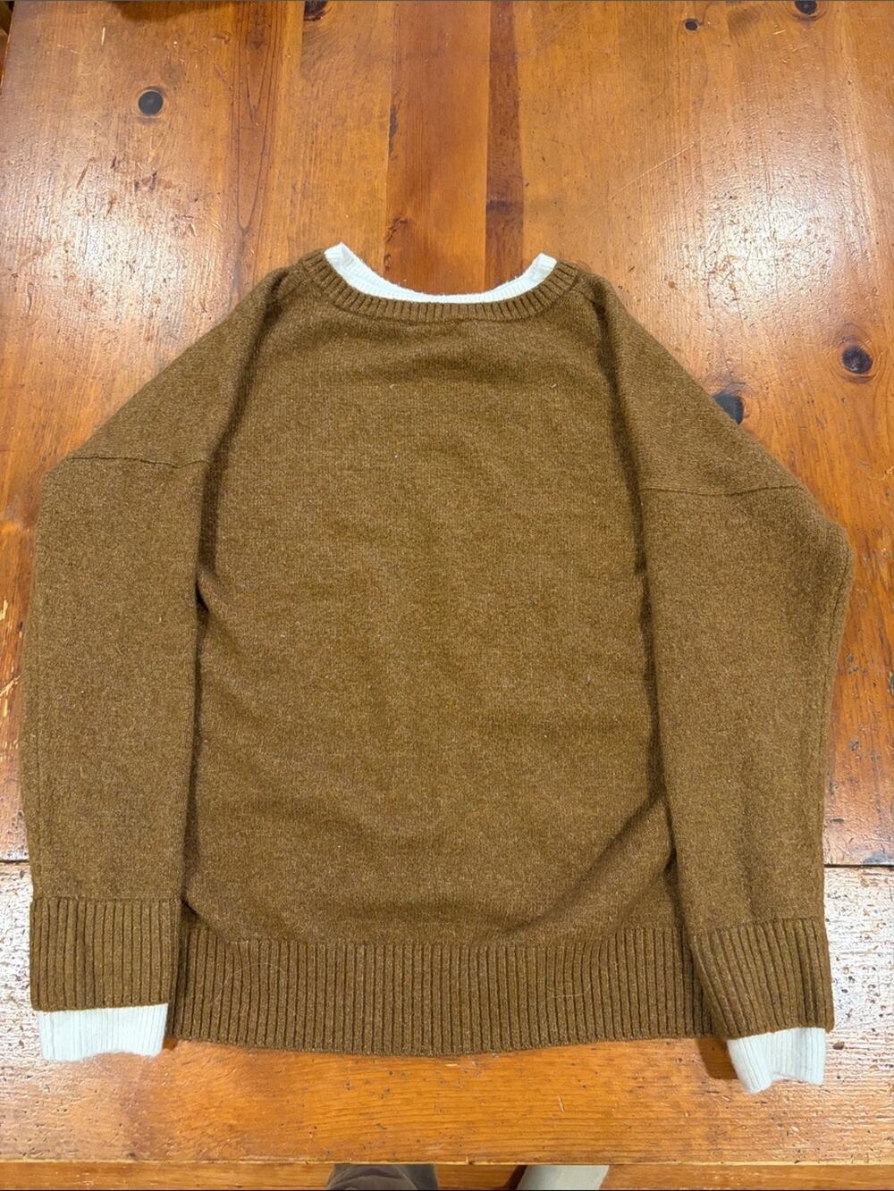 CeCe Brown Crewneck Sweater with White Trim Accents